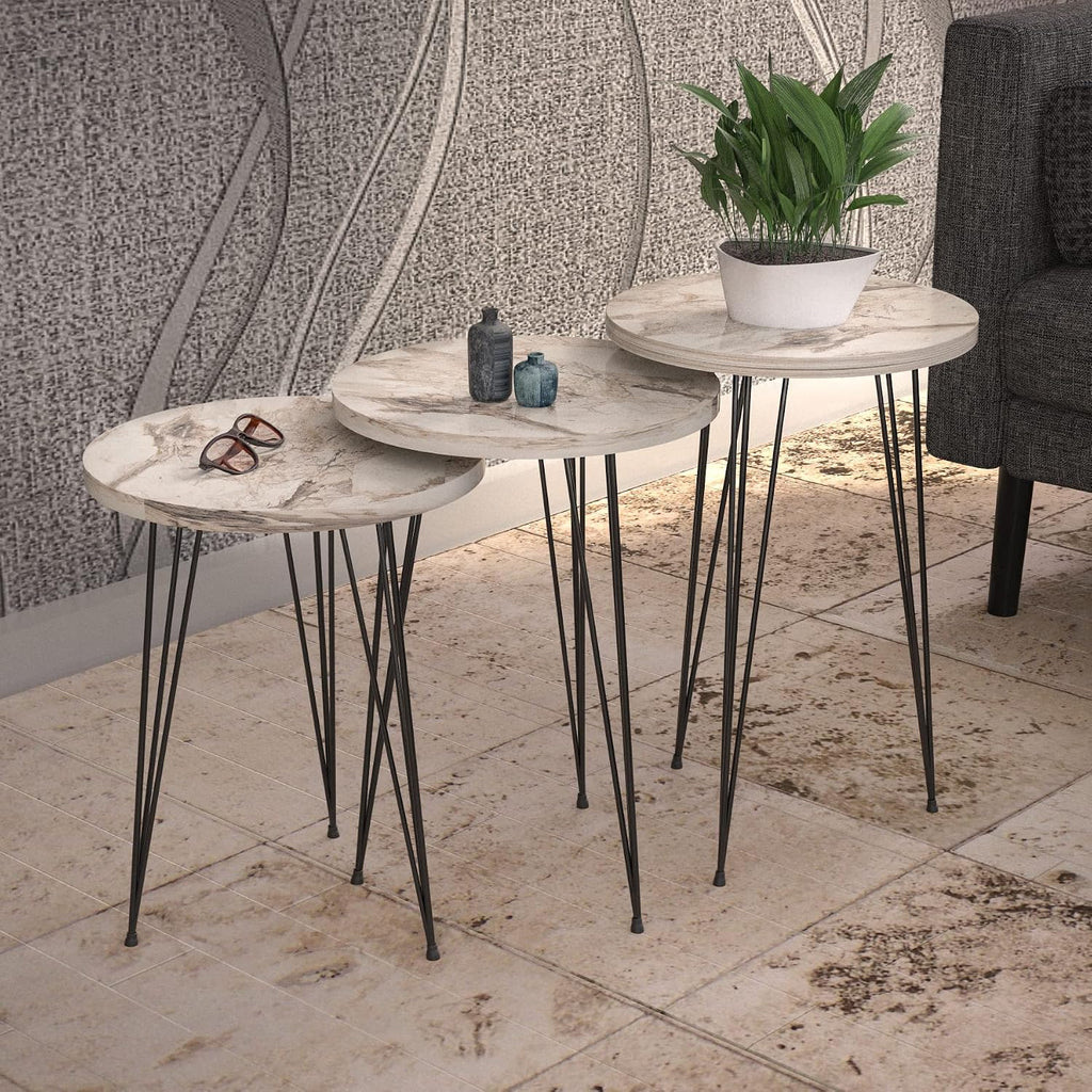 Set of 3 White Marble Nesting End Tables Round Wood Stacking Coffee Side Accent Table with Metal Legs for Living Room, Home Office, Nightstands for Bedroom