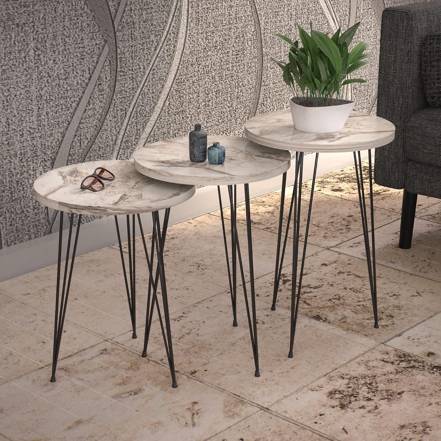 Set of 3 White Marble Nesting End Tables Round Wood Stacking Coffee Side Accent Table with Metal Legs for Living Room, Home Office, Nightstands for Bedroom