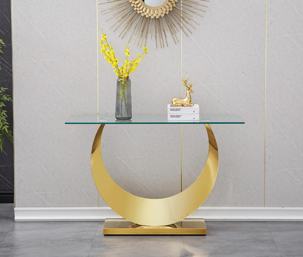 SSLine 1 Piece Living Room Console Table Luxury Glass Entryway Table,Modern Gold Console Table with Half Moon-Shape Stainless Steel Pedestal Base for Living Room Hallway Corridor(1 Console Table)