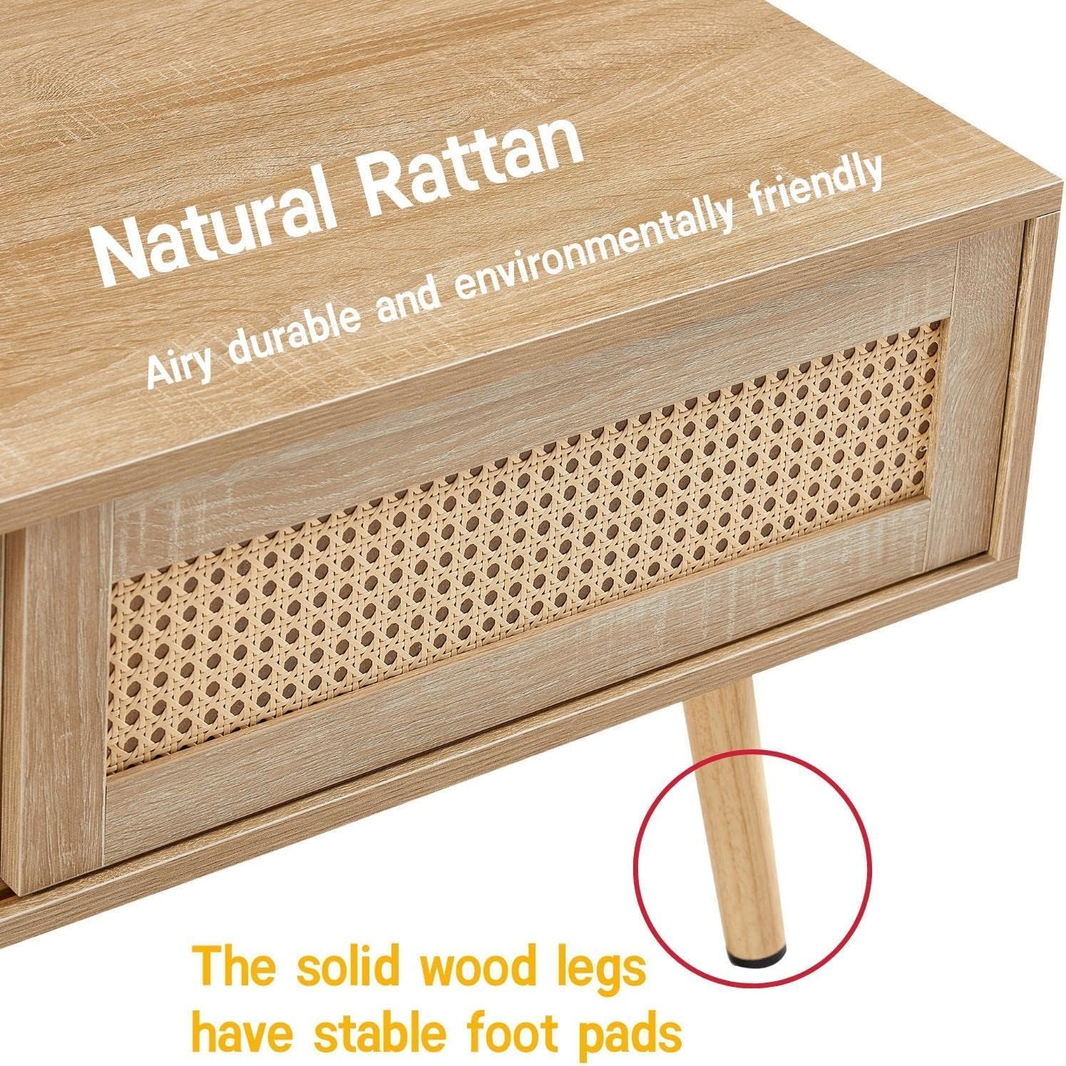 Rattan Center Table and Nightstand Set, 3-Piece Wood Living Room Table Set Includes 1 Boho Coffee Table & 2 End Tables, Sets for Living Room Accent Furniture