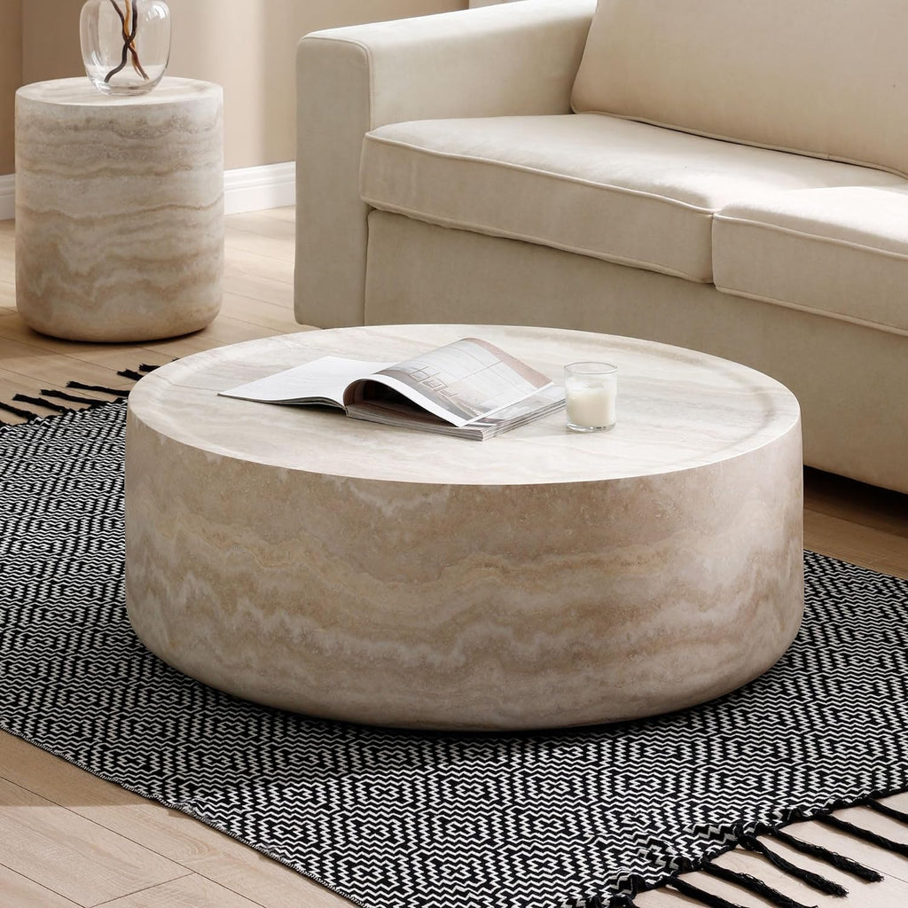 WILLIAMSPACE Round Coffee Table Set of 2, Modern Circle Drum Faux Marble Center Tables with Mars Pattern, Fiberglass Stone Tea Table Set for Living Room, No Need Assembly (35.43'' &15.74'')