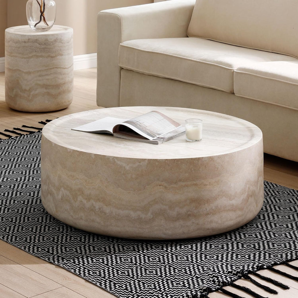 Round Mars Pattern Coffee Table for Living Room Modern Faux Stone Coffee Tables for Apartment, No Need Assembly, Fiberglass Material Faux Travertine Textured Marble Pattern (ø35.43' x 12')