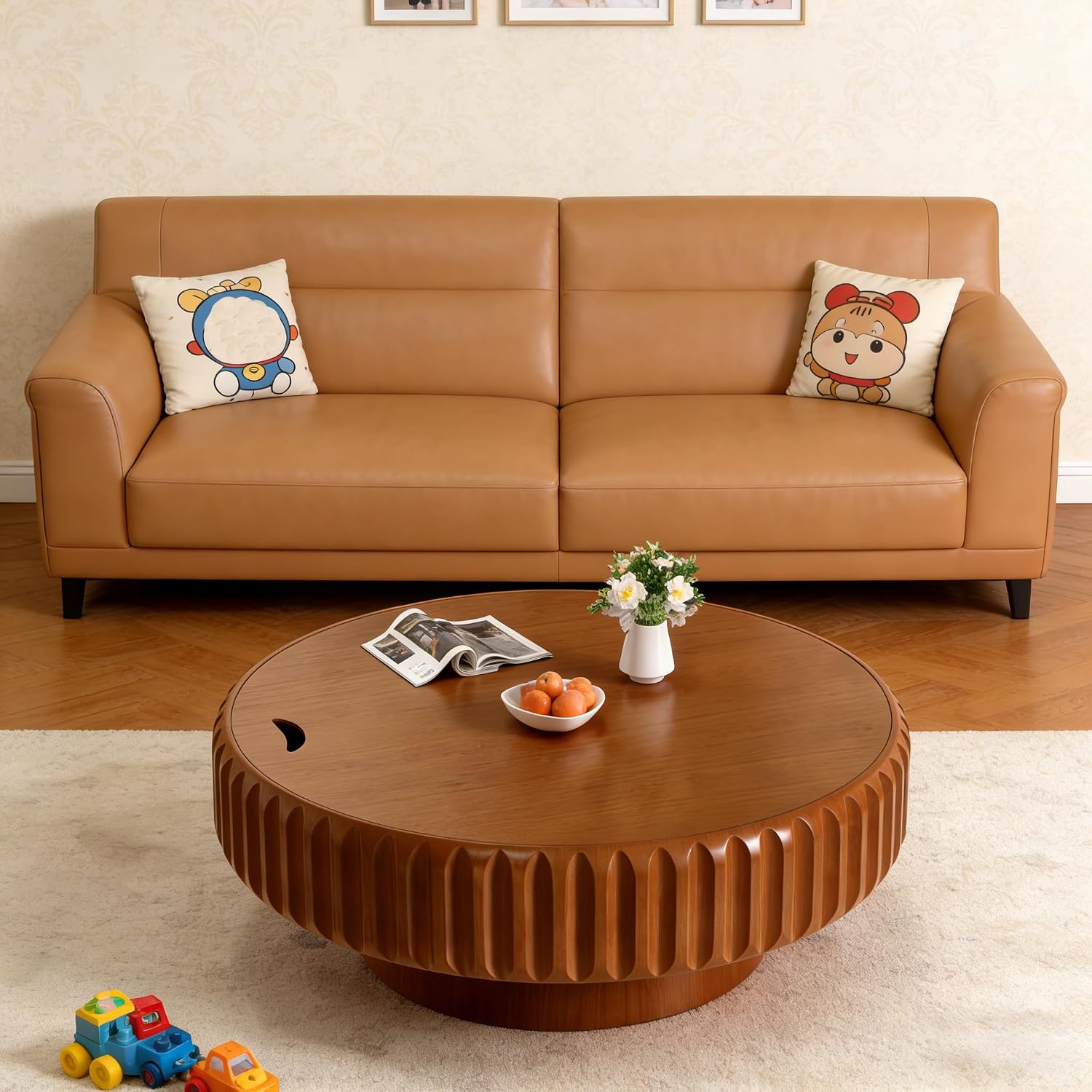 Round Wood Fluted Coffee Table with Storage, 39' Round Fluted Coffee Table with Flip-Top Lid Mid Century Modern Low Circle Drum Coffee Tables for Living Room (Brown, 39 inch)