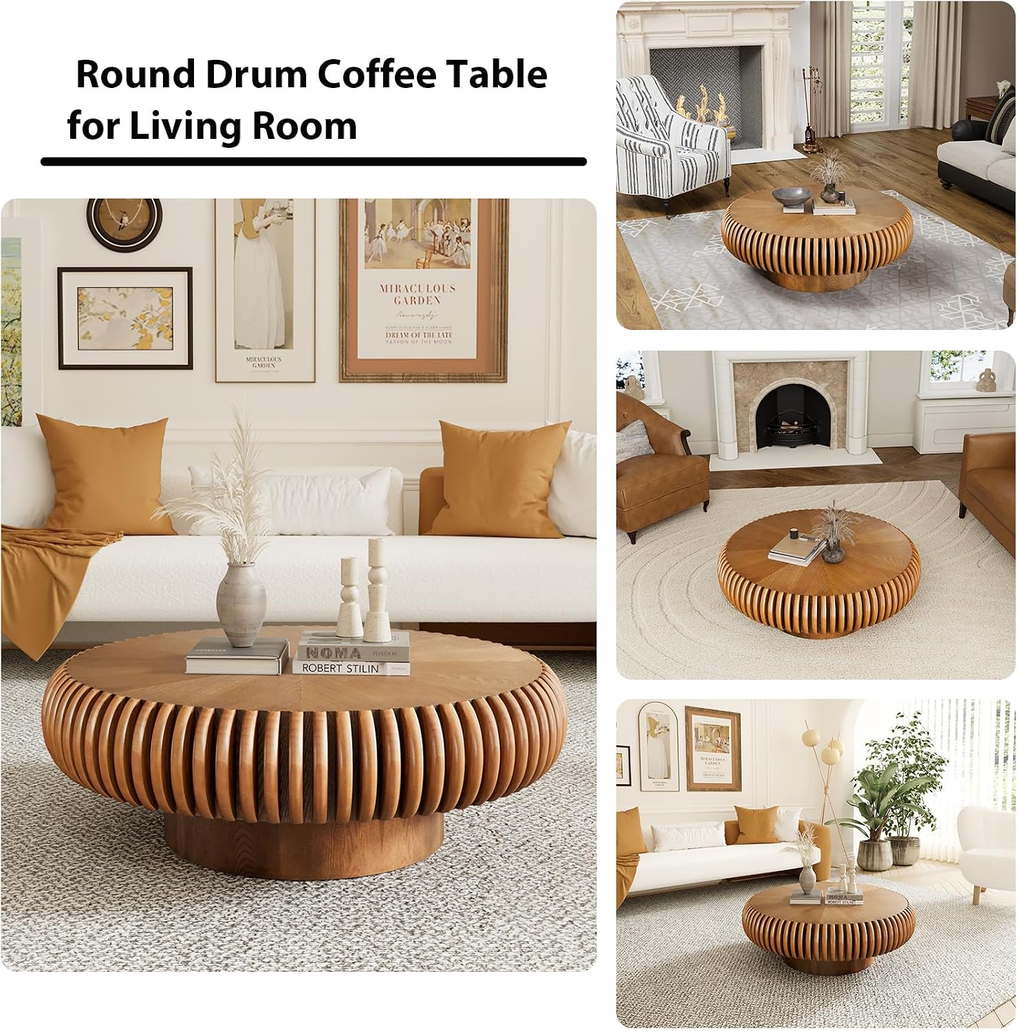 Modern Wood Round Fluted Coffee Table, Unique Brown Circular Drum Coffee Tables Mid Century Modern Handcrafted Circle Fluted Center Table for Small Space Living Room Reception Room, Apartment