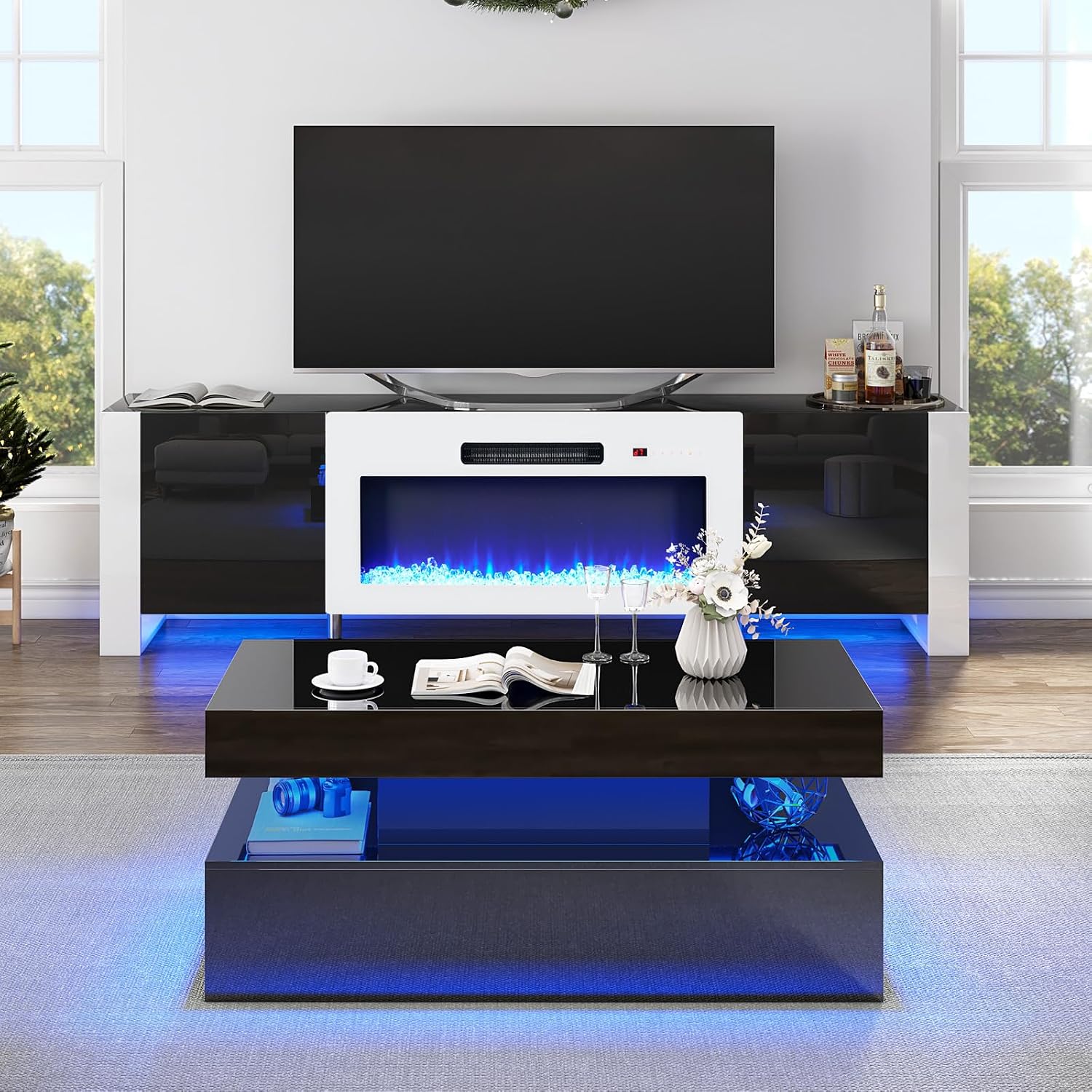 VanAcc 3-Piece Modern Living Room Table Sets, 70' Modern LED TV Stand with 36' Electric Fireplace, High Gloss Coffee Tables for Living Room, Black & White