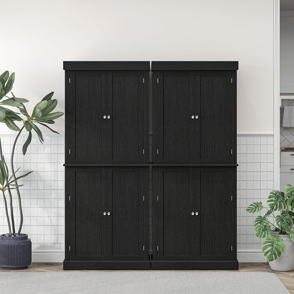 HOMCOM 72.5' Tall Kitchen Pantry Cabinet, Freestanding Modern Farmhouse Kitchen Storage Cabinet with 4 Doors and 2 Adjustable Shelves for Dining Room, Black Wood Grain