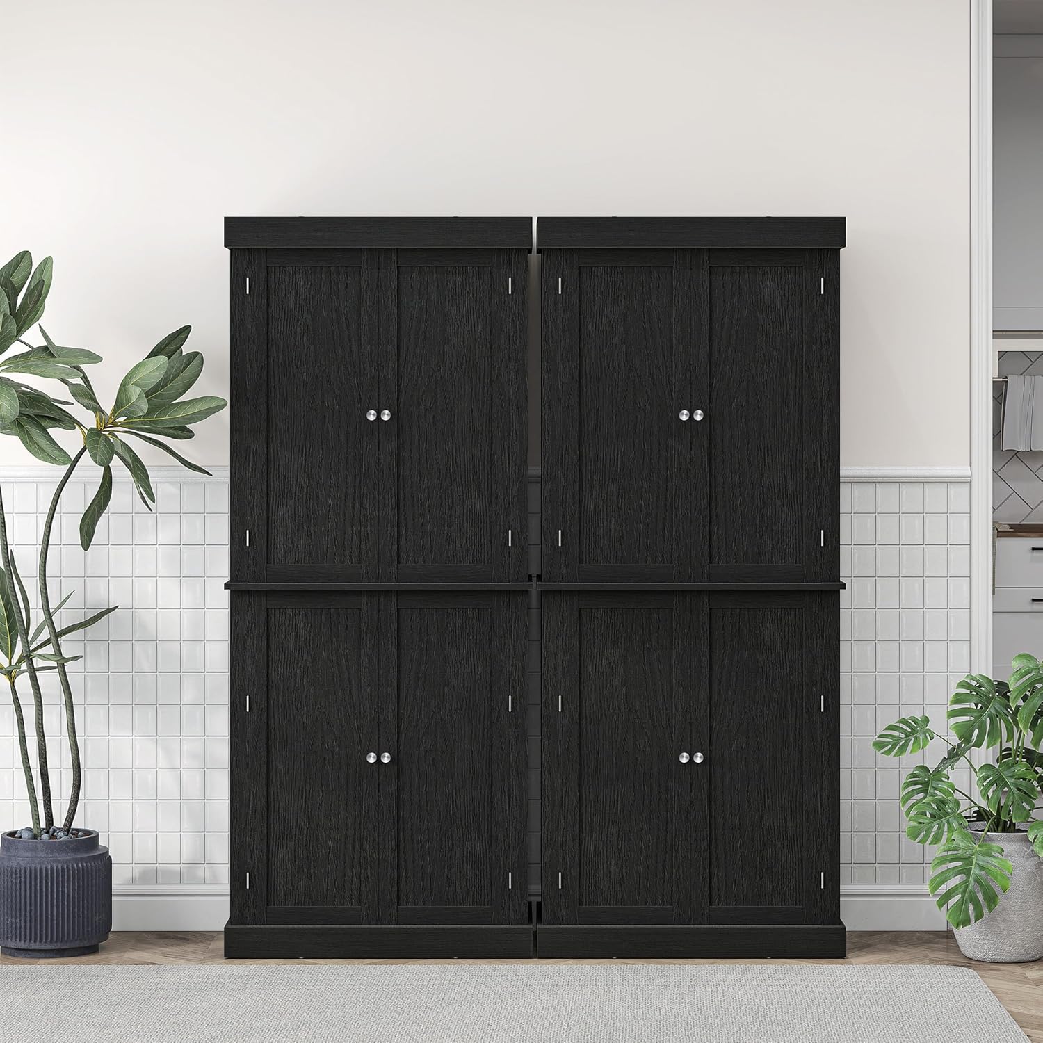 HOMCOM 72.5' Tall Kitchen Pantry Cabinet, Freestanding Modern Farmhouse Kitchen Storage Cabinet with 4 Doors and 2 Adjustable Shelves for Dining Room, Black Wood Grain