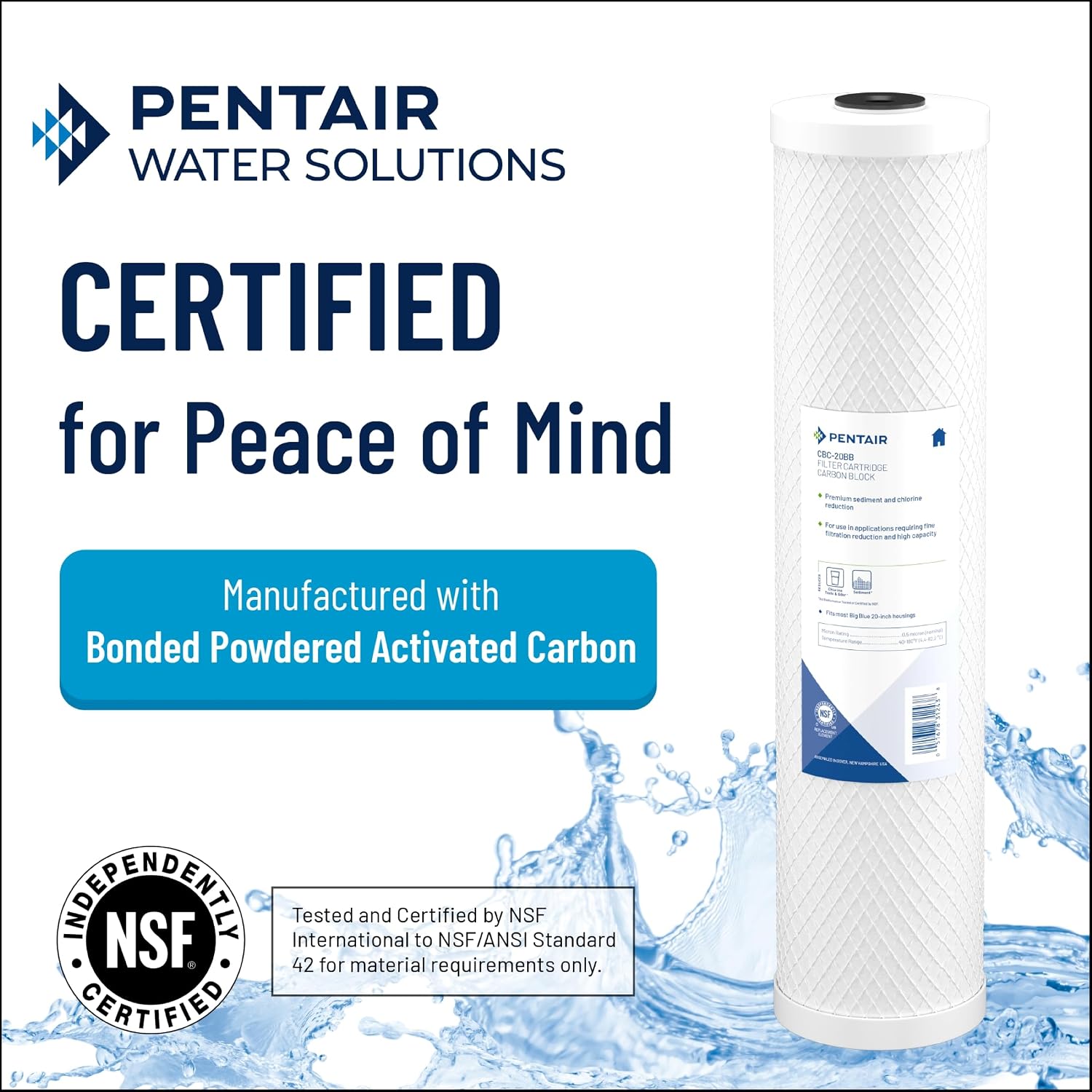 Pentair Pentek CBC20-BB Big Blue Carbon Block Water Filter, 20' x 4.5', 0.5 Micron, 150,000 Gallon Capacity, NSF Certified, Whole House Cartridge (Pack of 4)