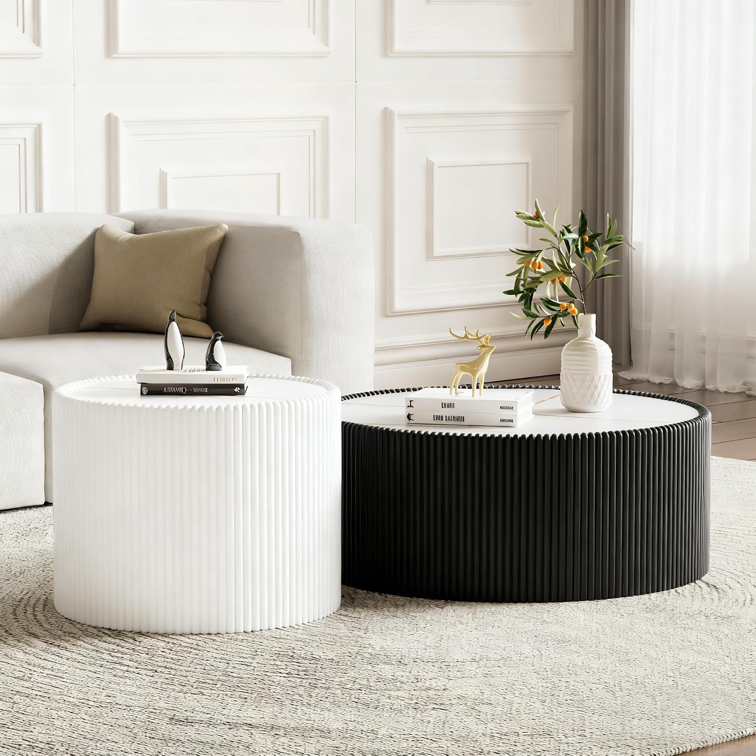 Modern Round Coffee Table Set of 2 Luxury Sintered Stone Top Coffee End Table in Black/White Leatherette Drum-Shape Small Coffee Side End Tables for Living Room,Fully Assembled