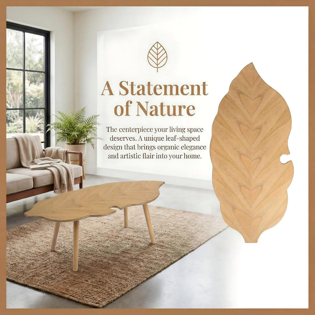 HNY Modern Coffee Table for Living Room, Natural Wood Coffee Table Farmhouse Center Table Vivid Leaf Table End Table with Rustic Grain Side Table with Wood Leg for Bedroom Office Cafe Small Space