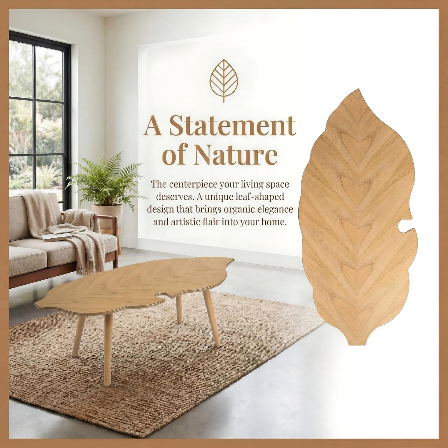 HNY Modern Coffee Table for Living Room, Natural Wood Coffee Table Farmhouse Center Table Vivid Leaf Table End Table with Rustic Grain Side Table with Wood Leg for Bedroom Office Cafe Small Space