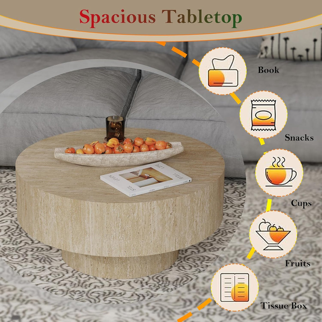 29.92' Travertine Round Coffee Table Modern Circle Low Center Tables - Chic Travertine Grain Veneer for Living Room Farmhouse Apartment Study Office (Travertine Round 29.92in)