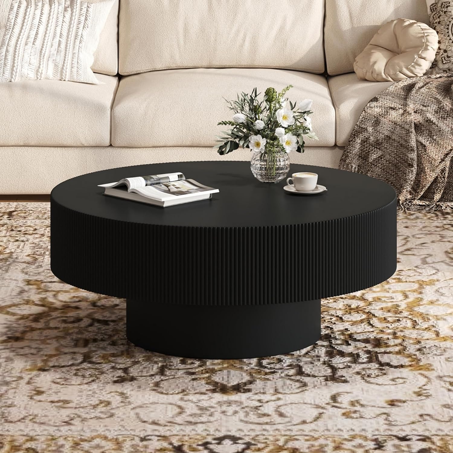 31.5' Wide Round Coffee Table with 6.8' Thick Tabletop, Easy Assembly, Modern Minimalist Wooden Fluted Center Table Black Drum End Table with Sturdy Base for Living Room or Bedroom