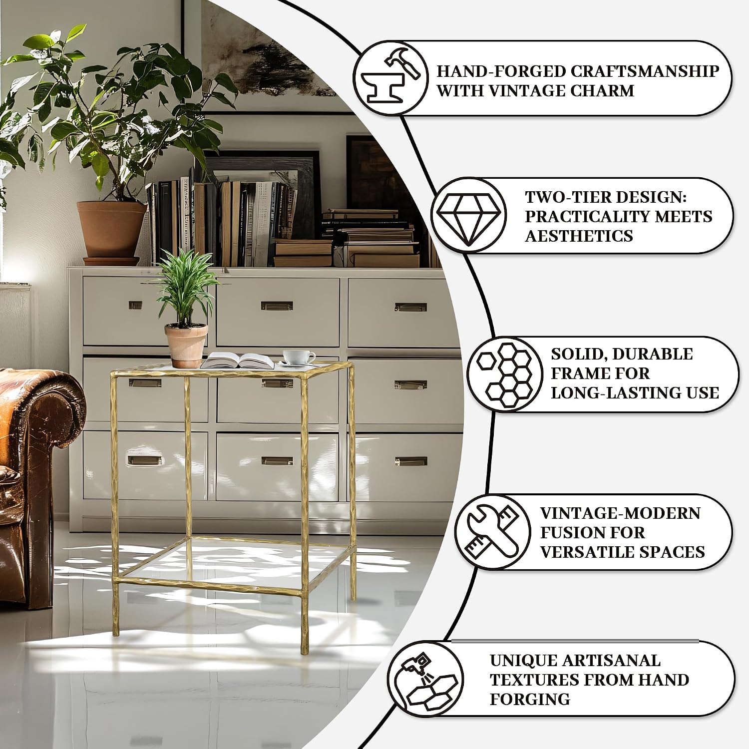 BEGINS Hand Forged Side Table 2 Tier, Vintage End Table Glass Top Coffee Table, Accent Table with Solid Hammered Frame, Suitable for Living Room, Bedroom, Study Room, Entryway (Gold, Square)