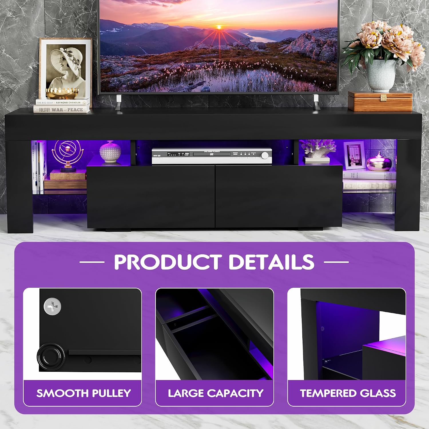 JUMMICO TV Stand, Modern Lighting TV Cabinet Entertainment Center Media and Open Shelf, TV Console Table with 1 Drawer and Remote Control, 20 Color LED Lights up to 70 Inch TV (Black)