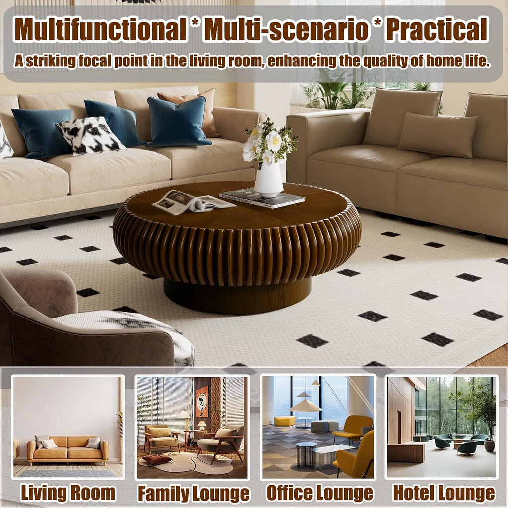 31.5' Round Drum Coffee Table, Modern Fluted Coffee Tables with Solid Wood Veneer, Wooden Circle Center Table for Living Room, Small Spaces, and Apartments, Easy Assembly