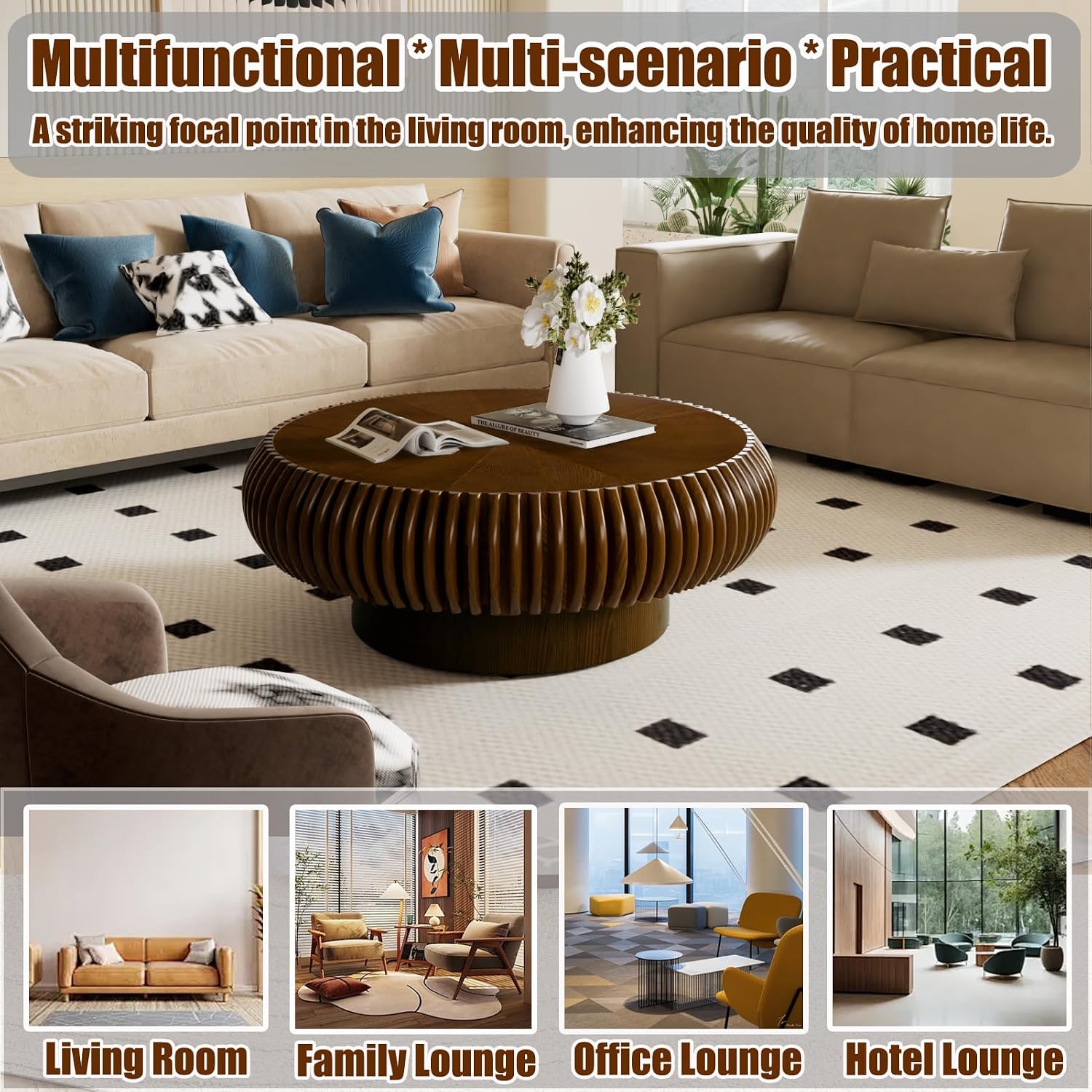 31.5' Round Drum Coffee Table, Modern Fluted Coffee Tables with Solid Wood Veneer, Wooden Circle Center Table for Living Room, Small Spaces, and Apartments, Easy Assembly