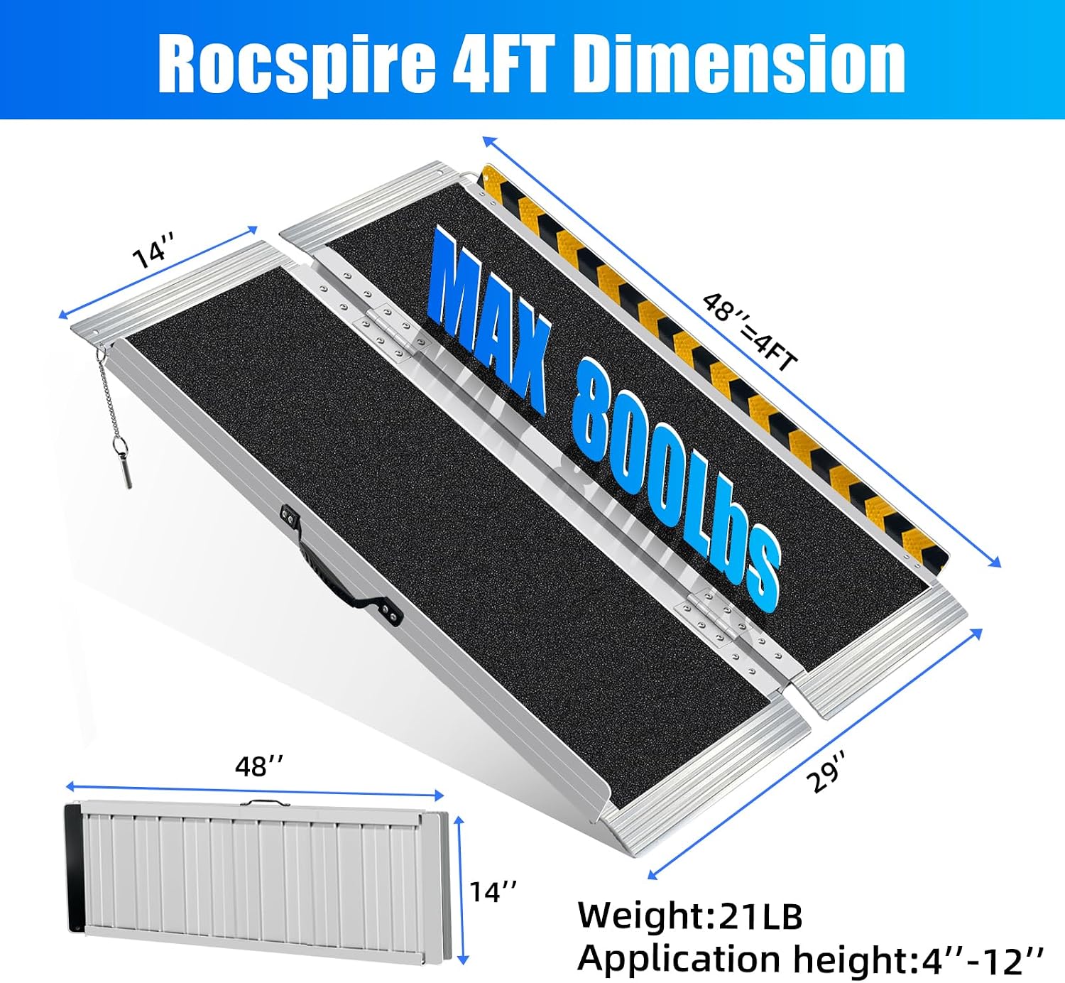 4FT Portable Wheelchair Ramp – 800lb Capacity, Folding Non-Slip Aluminum Handicap Ramp, Ramps for Wheelchairs for Home, Doorways, Stairs, Thresholds, Car Curbs, Scooters & Carts