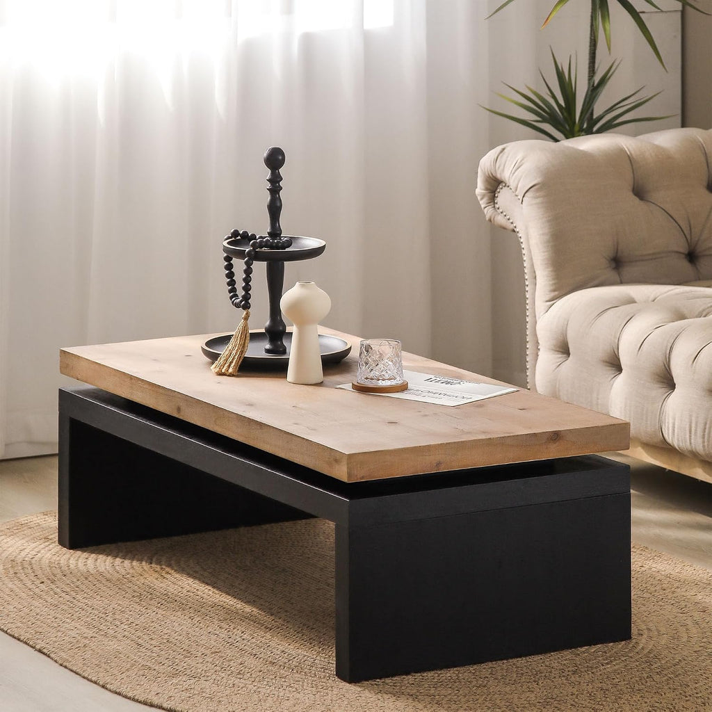 47.6' Wood Coffee Table, Mid Century Modern Farmhouse Wooden Coffee Tables for Living Room Natural Solid Firwood Tabletop Rectangle Center Table for Apartment Home Office Tea Table (Natural+Black)