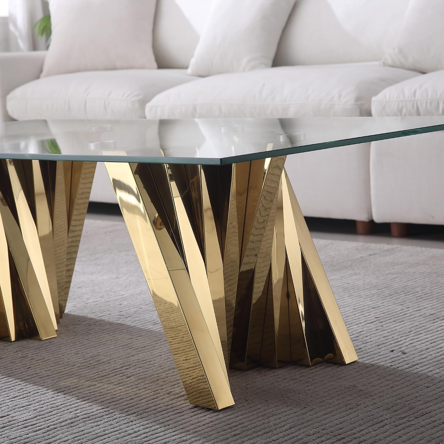Henf Gold Glass Coffee Table with Mirrored Stainless Steel Base, 51' Rectangle Modern Living Room Cocktail Table for Home Office