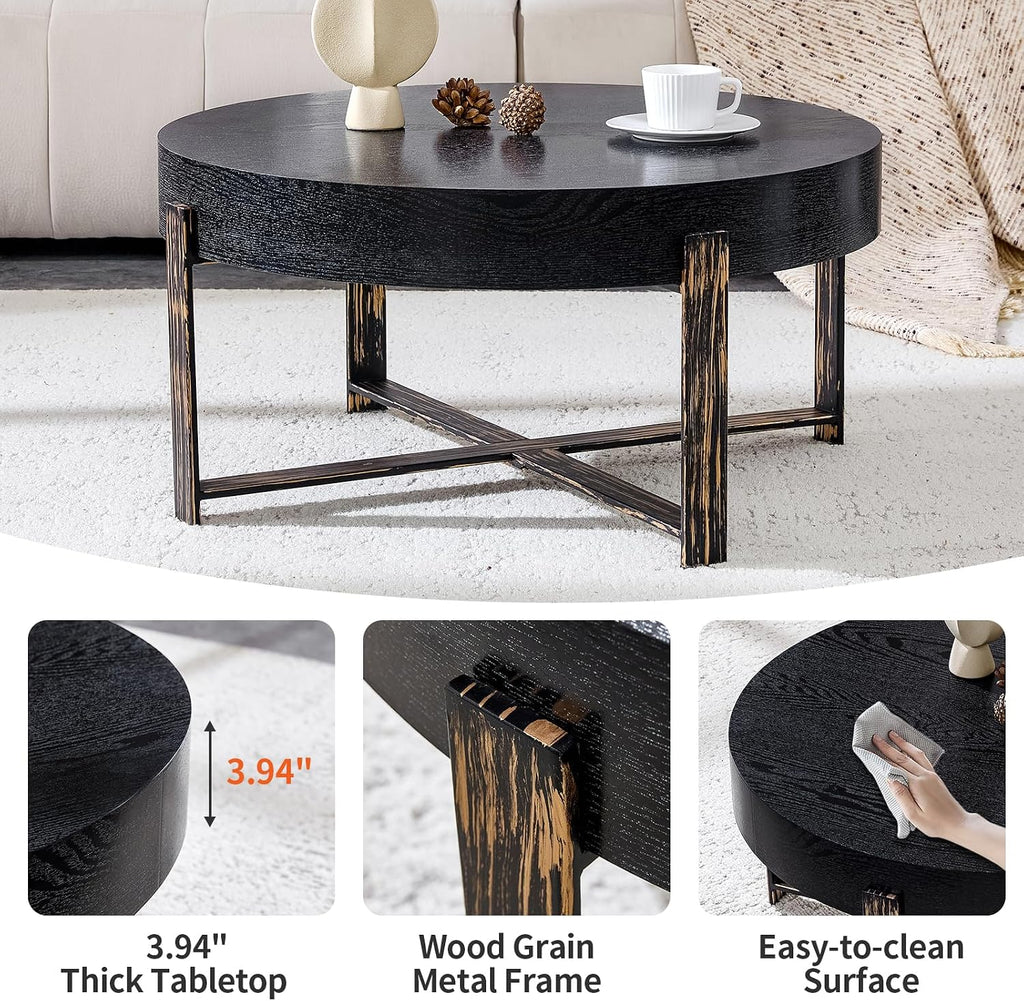 Round Coffee Table, 30.7' Modern Coffee Tables for Living Room, Circular Wooden Center Tea Table with Metal Legs for Apartment Office Small Space, Black