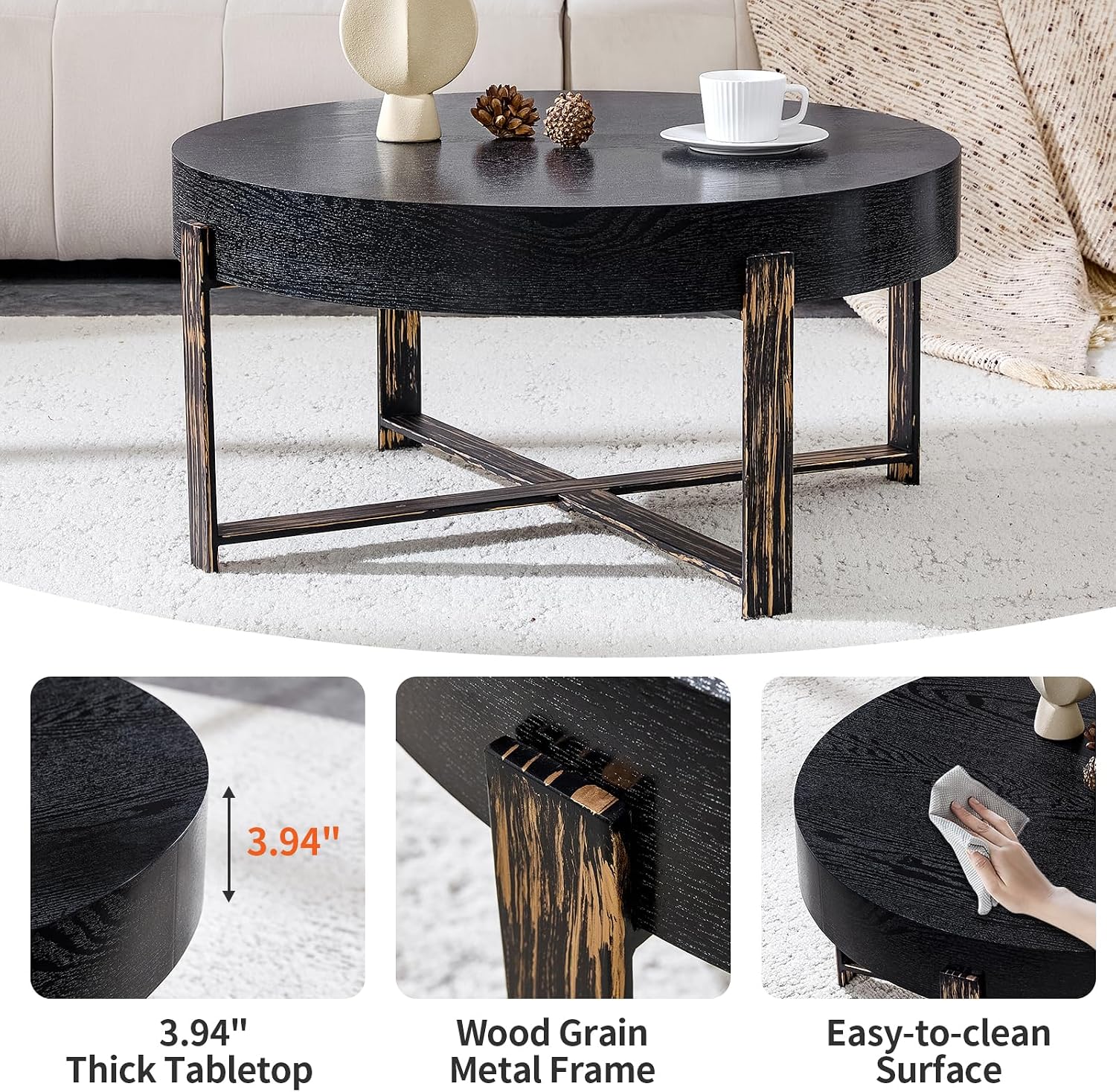Round Coffee Table, 30.7' Modern Coffee Tables for Living Room, Circular Wooden Center Tea Table with Metal Legs for Apartment Office Small Space, Black