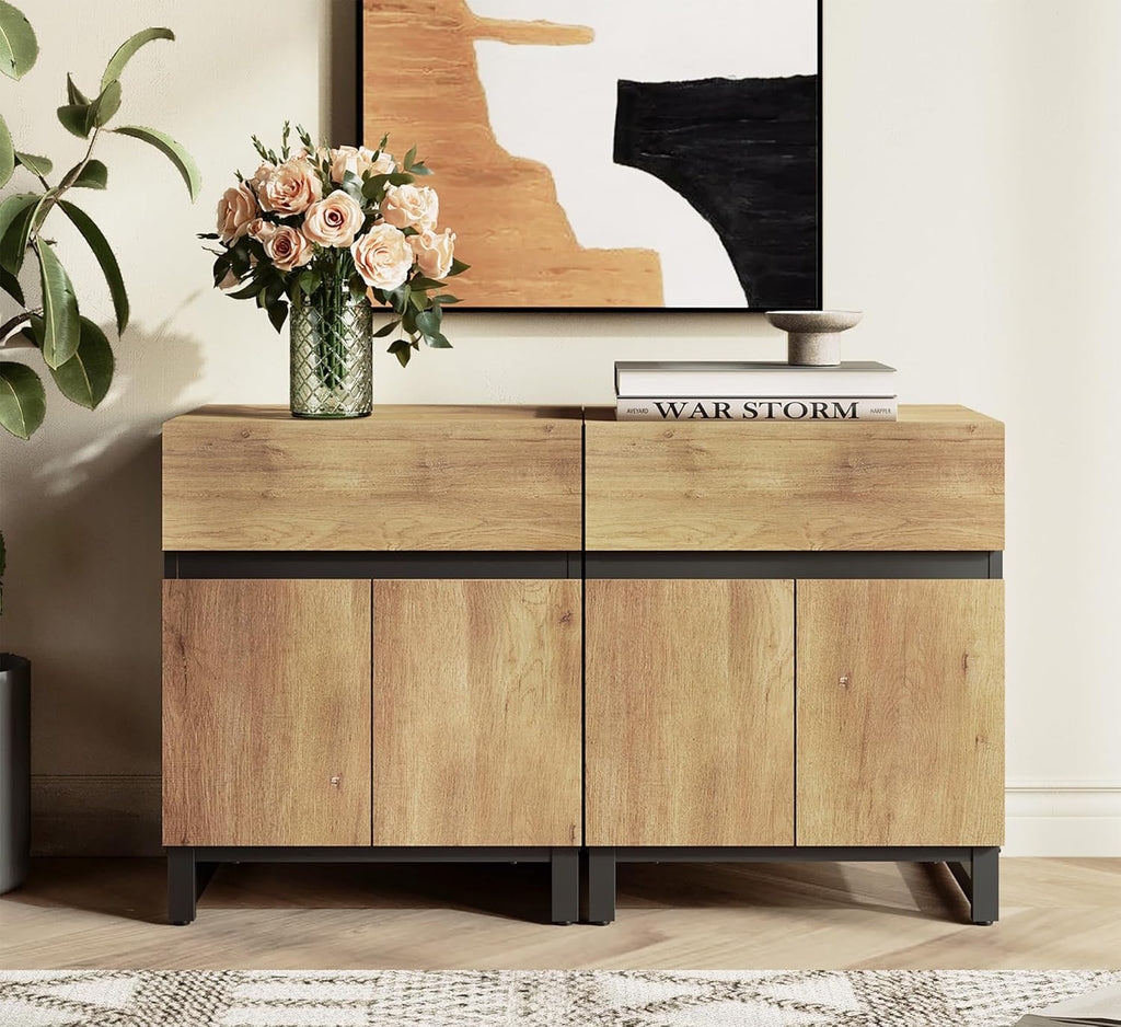 WAMPAT TV Stand and End Table Set of 3, Living Room Table Sets, 35 Inch TV Stand and 2 End Table Set with Drawers for Living Room, Entertainment Center, Console TV Table, Oak