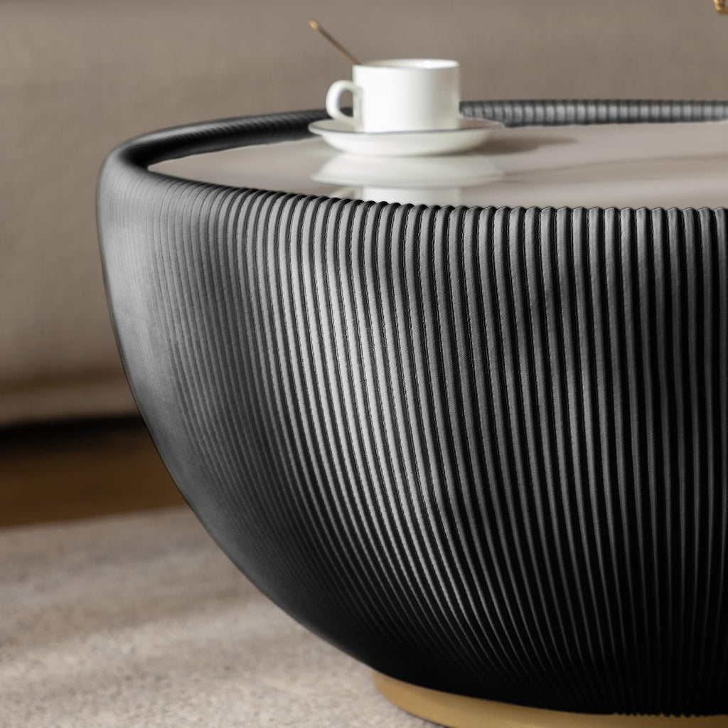 29.53' Round Coffee Table, Modern Cocktail Tables with Decorative Vertical Texture, 29.53 inch Black Bowl Center Tables, Accent Sintered Stone Coffee Table for Living Room Apartment Office