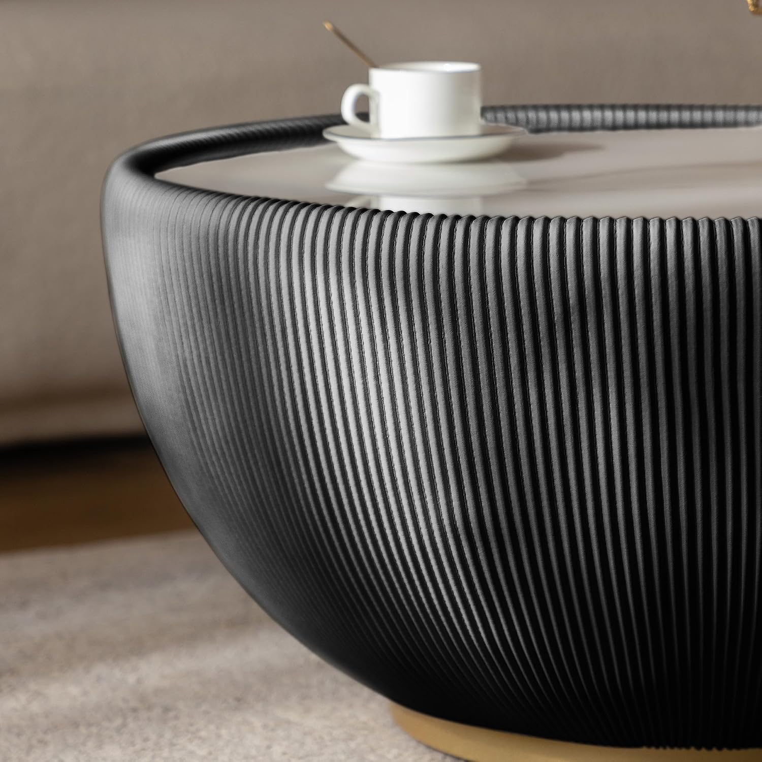 29.53' Round Coffee Table, Modern Cocktail Tables with Decorative Vertical Texture, 29.53 inch Black Bowl Center Tables, Accent Sintered Stone Coffee Table for Living Room Apartment Office