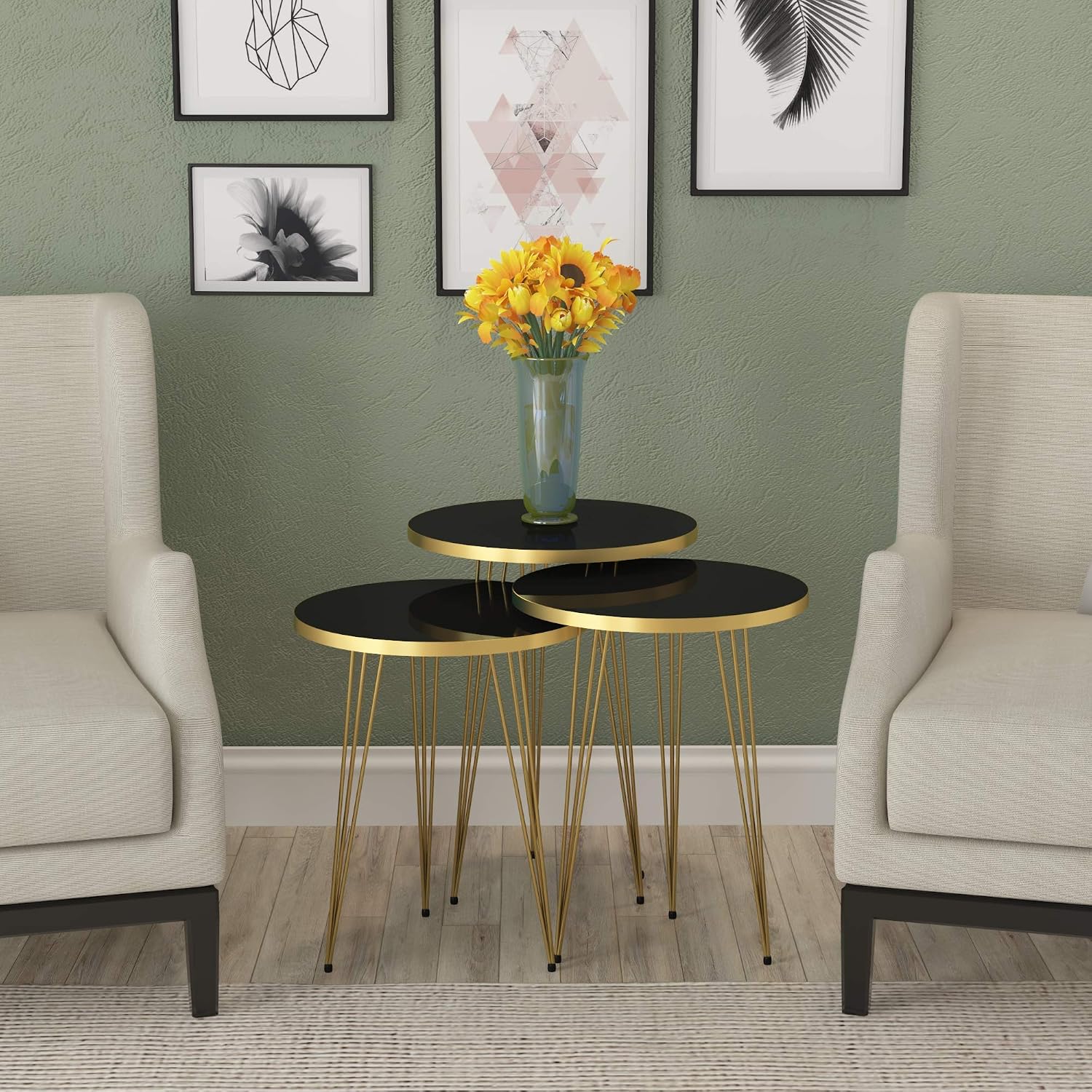 Set of 3 High Gloss Black Gold Legs Nesting End Tables Round Wood Stacking Coffee Side Accent Table with Metal Legs for Living Room, Home Office, Nightstands for Bedroom