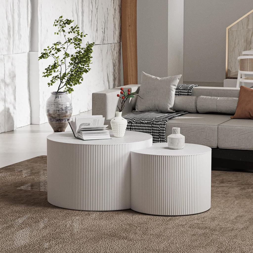 Modern Drum Coffee Table Set of 2 Stylish Minimalism Wave Stripe Fluted Nesting End Table - No Assemble, for Small Space (C-27.6IN+19.7IN)