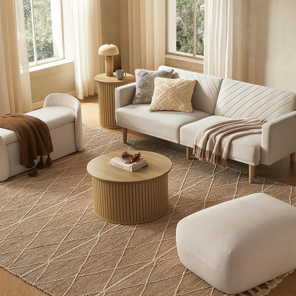 mopio Quin Tambour Round Circle Coffee Table with Storage, Drum Accent, Mid Century Modern, Wood, Fluted Center, Tea Table with Removable Lid, Living Room (Oak)