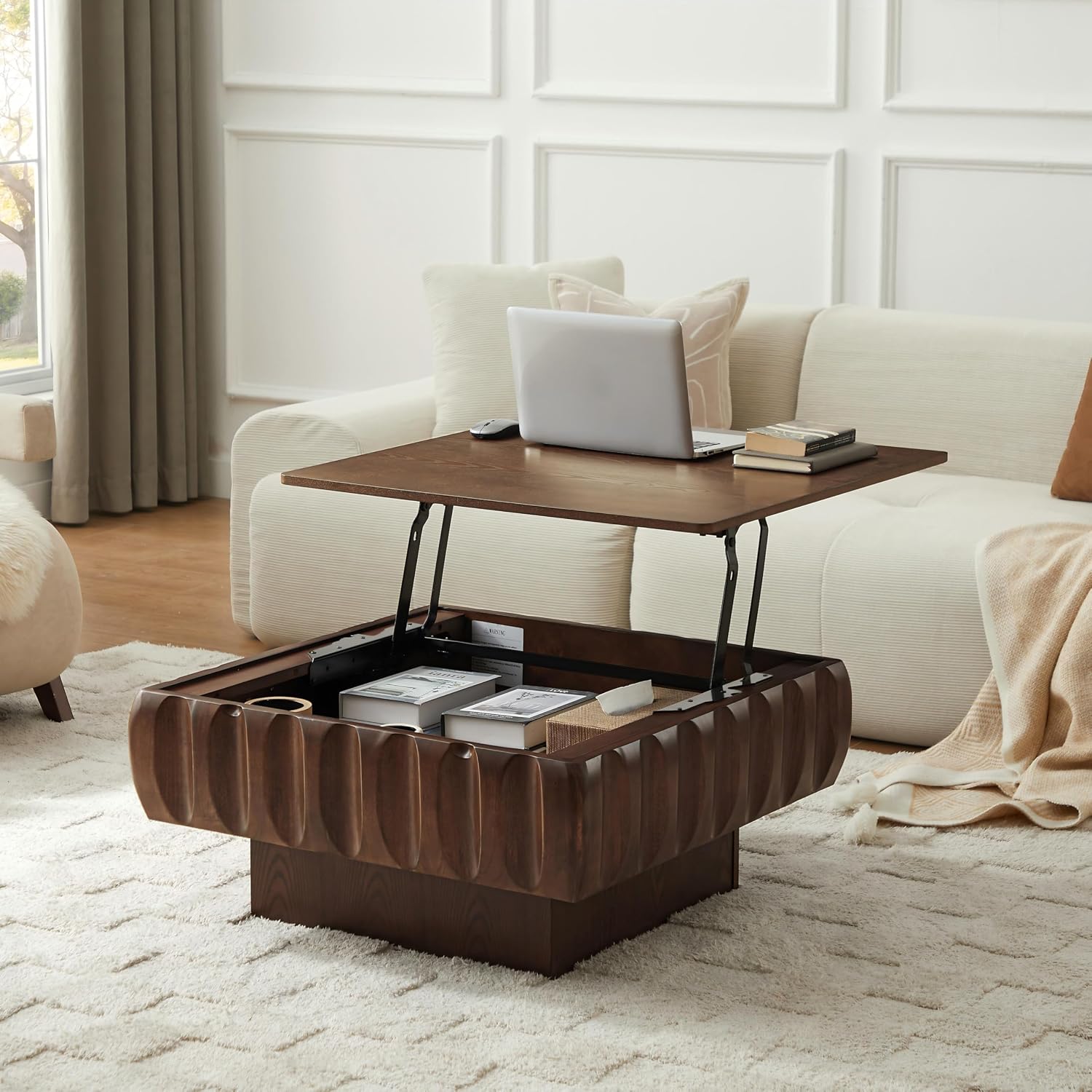 31.1'' Lift Top Coffee Table with Hidden Storage Space, Modern Drum Handcraft Wood Fluted Square Coffee Table for Living Room, Easy Assembly, Walnut
