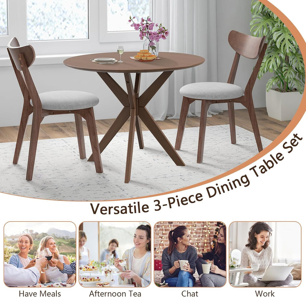 Tangkula Mid-Century Modern Round Dining Table Set for 2, Wooden Kitchen Table & 2 Chairs with Cushioned Seats, Compact 3-Piece Dining Set for Small Spaces, Kitchen, Living Room