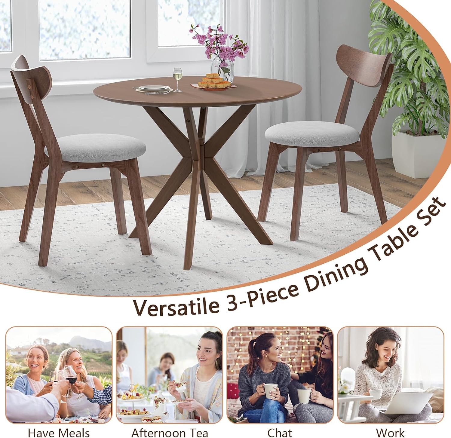 Tangkula Mid-Century Modern Round Dining Table Set for 2, Wooden Kitchen Table & 2 Chairs with Cushioned Seats, Compact 3-Piece Dining Set for Small Spaces, Kitchen, Living Room