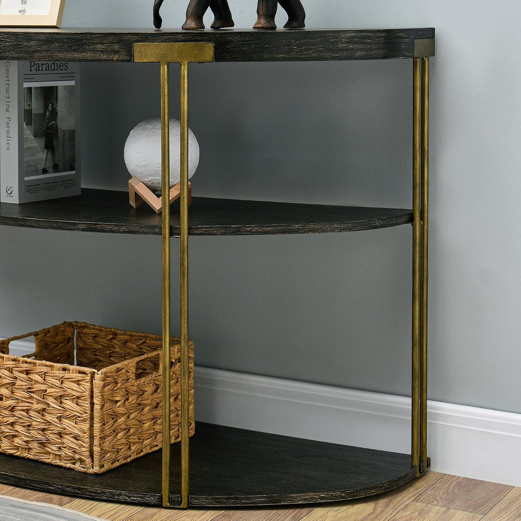 Biaco Black Modern Console Table for Entryway, 3-Tier Half Moon Industrial Wall Table, Hallway Half Circle Accent Wood Entry Table, Vintage Retro Design, Birch Veneer Textured Top & Gold Metal Legs