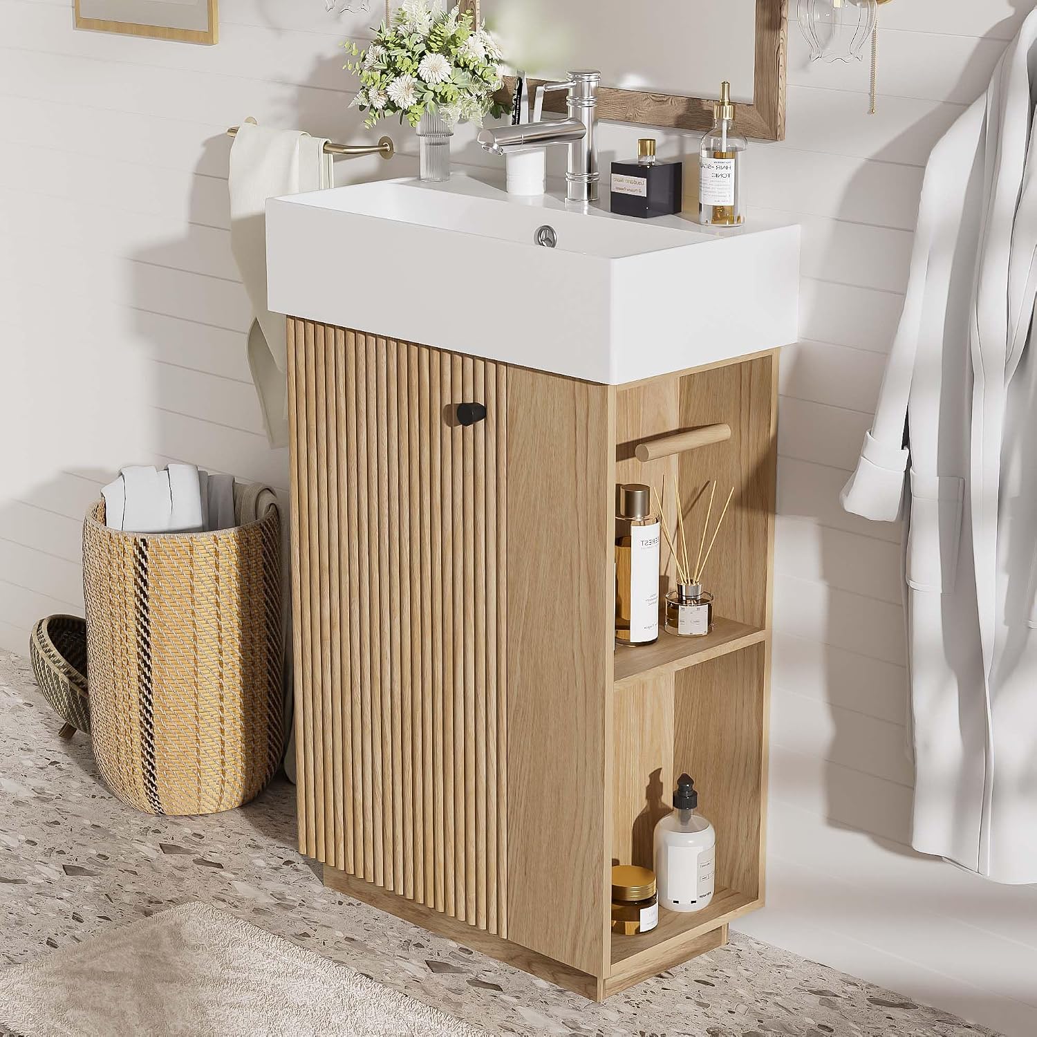 21.6' Modern Bathroom Vanity with Ceramic Sink - Freestanding Wood Grain Cabinet (MDF) with Left Door, Perfect Open/Closed Storage for Small Bathrooms!