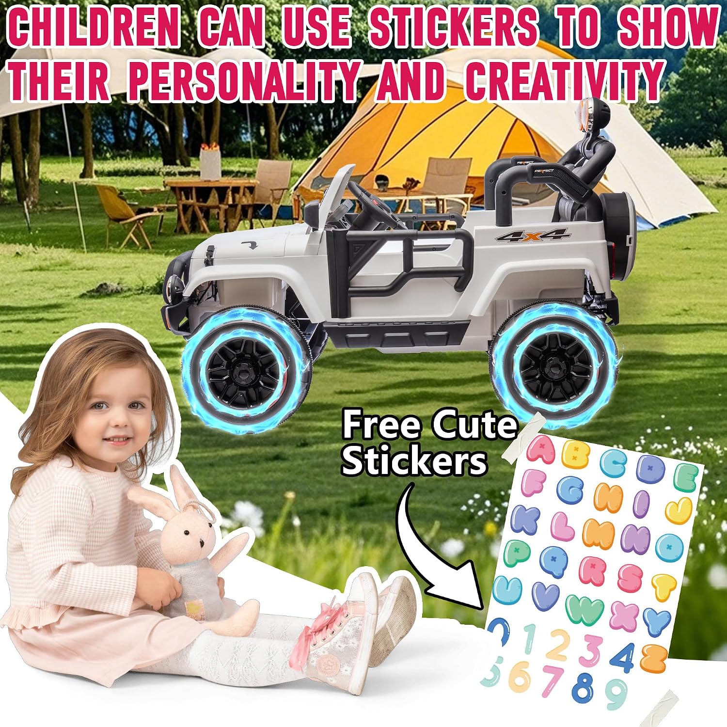 24V XL Kids Electric Ride on Truck Car 2 Seater Remote Control for Toddlers 2-8, 160W 2 Motors 5MPH Max Speed, Bluetooth USB Music Player, LED Lights Safety Belt, Gift for Boys Girls, White