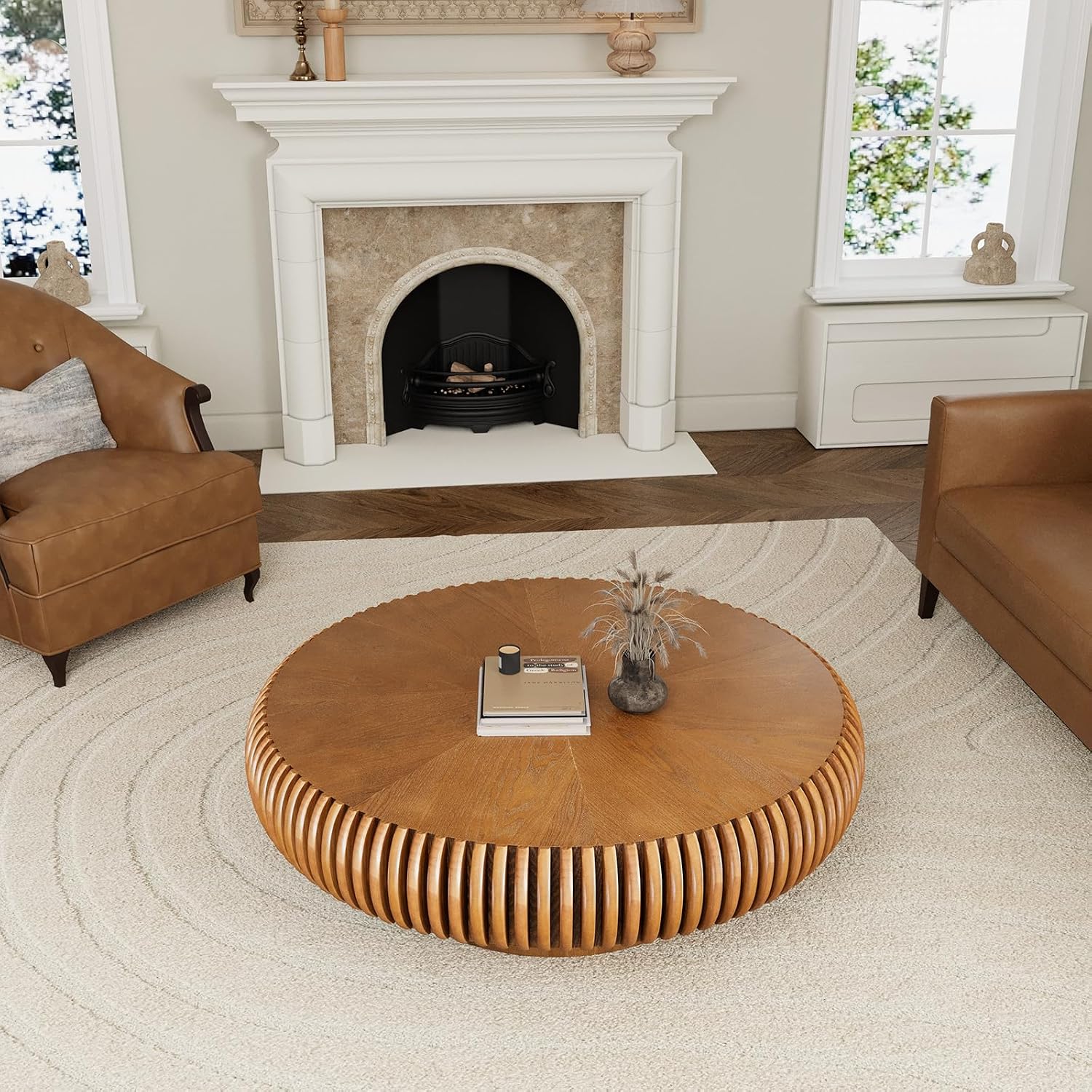 Modern Unique Round Fluted Coffee Table, Brown Wood Circle Coffee Tables, Contemporary Round Drum Accent Center Table for Living Room Reception Room