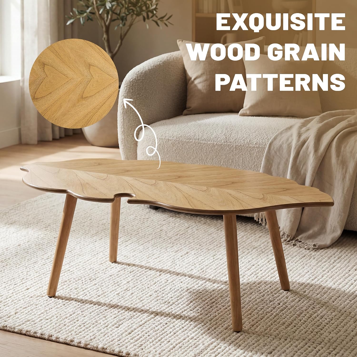 HNY Modern Coffee Table for Living Room, Natural Wood Coffee Table Farmhouse Center Table Vivid Leaf Table End Table with Rustic Grain Side Table with Wood Leg for Bedroom Office Cafe Small Space