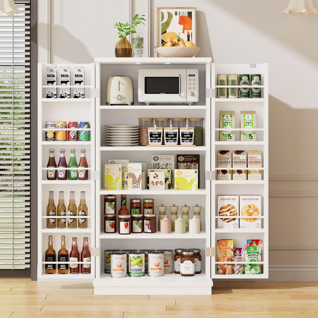 47in Kitchen Pantry Cabinet, Wood Kitchen Storage Pantry Cabinets Freestanding Pantries Cabinets with Doors & Adjustable Shelves, White