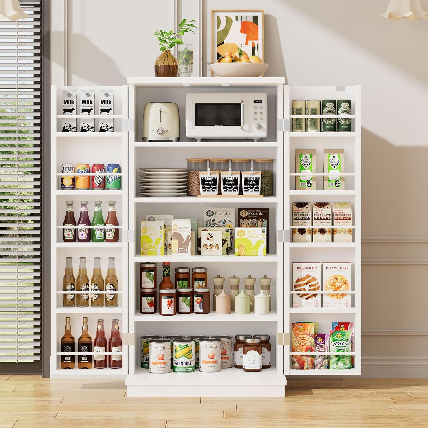 47in Kitchen Pantry Cabinet, Wood Kitchen Storage Pantry Cabinets Freestanding Pantries Cabinets with Doors & Adjustable Shelves, White