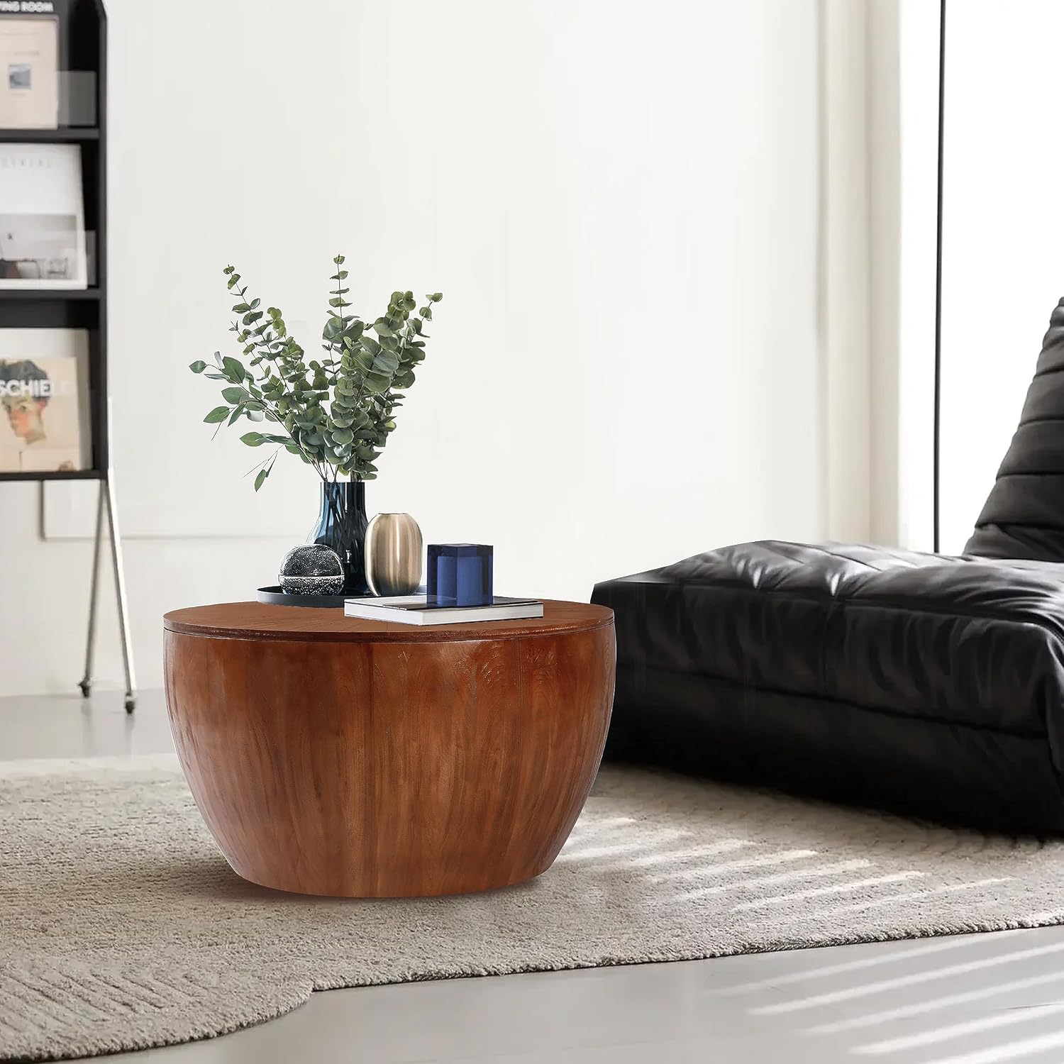 31.50' Vintage Style Bucket Shaped Coffee Table, Drum Coffee Table for Office, Dining Room and Living Room, Brown
