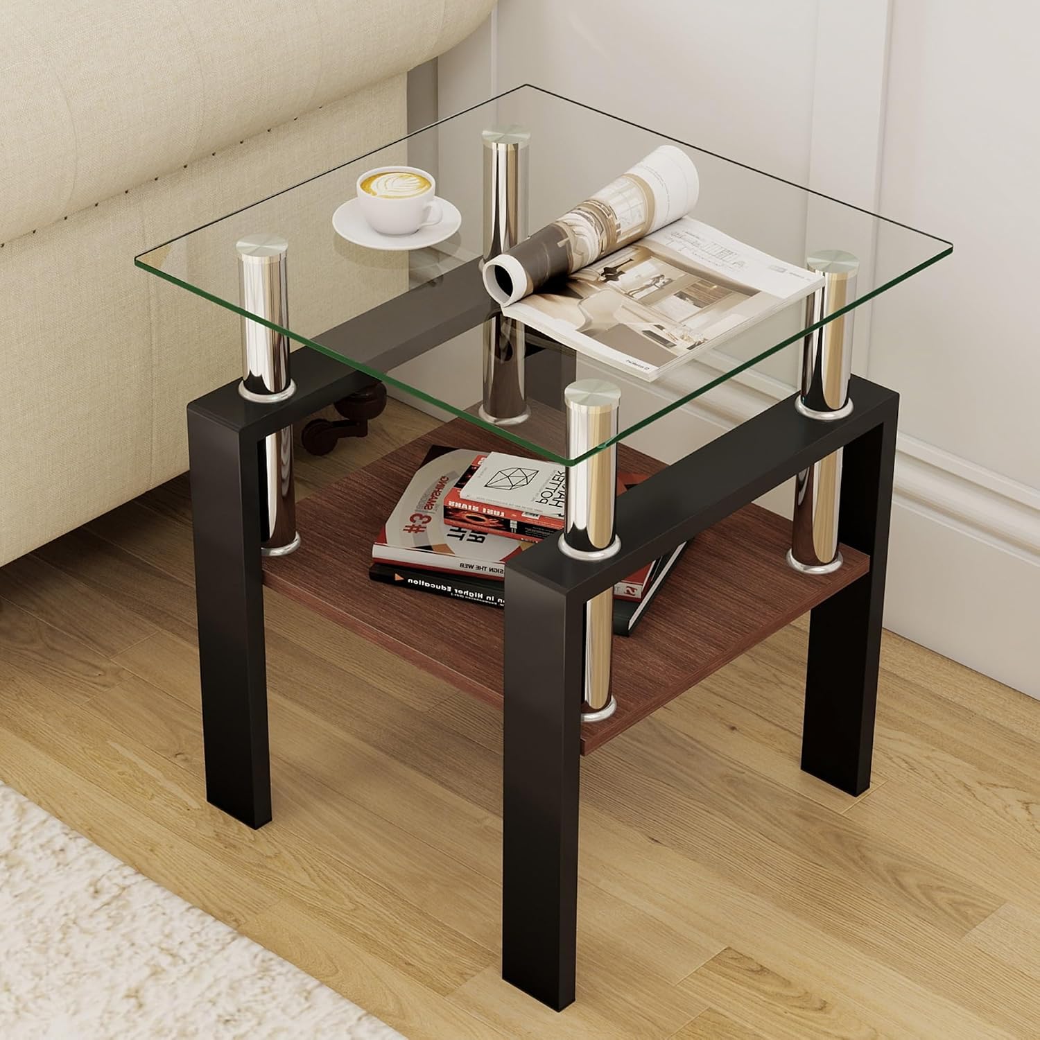 Glass Coffee Table Sets of 3 for Living Room, Mordern End Table Sofa Side Tables with Storage, Black Metal Leg, Transparent Glass Tabletop Rectangle Tempered Center Table Home Furniture Set