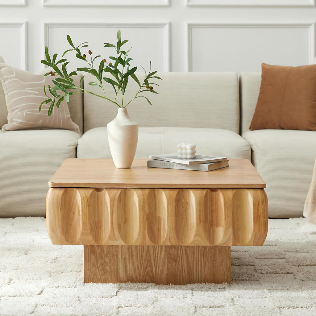 31.1'' Lift Top Coffee Table with Hidden Storage Space, Modern Drum Handcraft Wood Fluted Square Coffee Table for Living Room, Easy Assembly, Natural