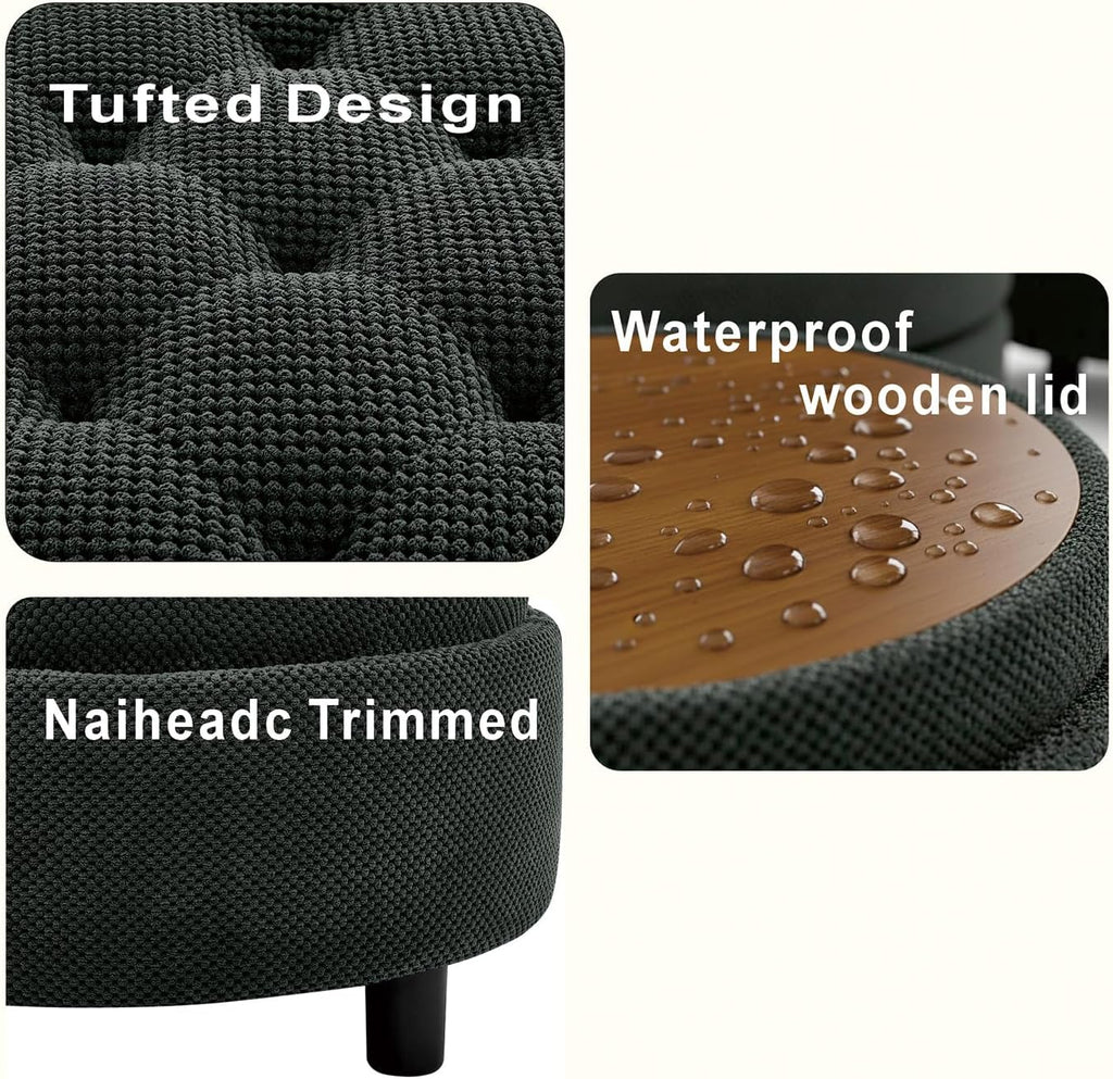 Round Storage Ottoman with Reversible Tray Lid, 25' Upholstered Button Tufted Coffee Table with Storage Foot Rest Stool for Living Room, Bedroom, Entryway, Dark Grey