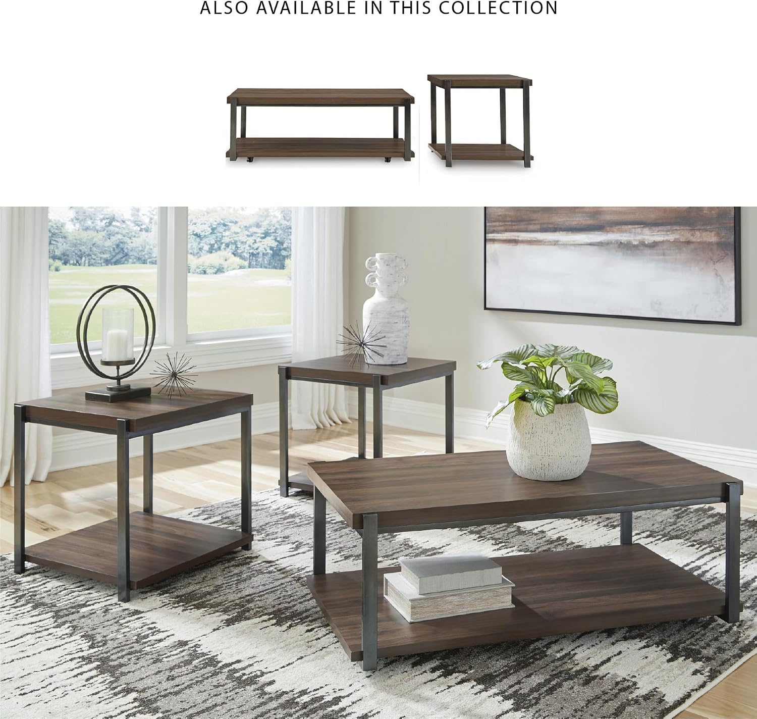 Signature Design by Ashley Trindwick Contemporary Table with Shelf and Casters, Set of 2, Gray & Dark Brown