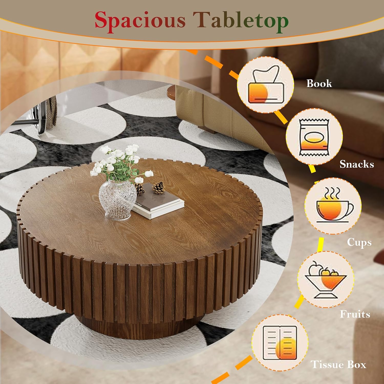 Round Fluted Coffee Table Mid Century Circle Center Tables for Living Room Chic Drum End Table for Small Space Easy Assembly (Round Walnut 31.5in)