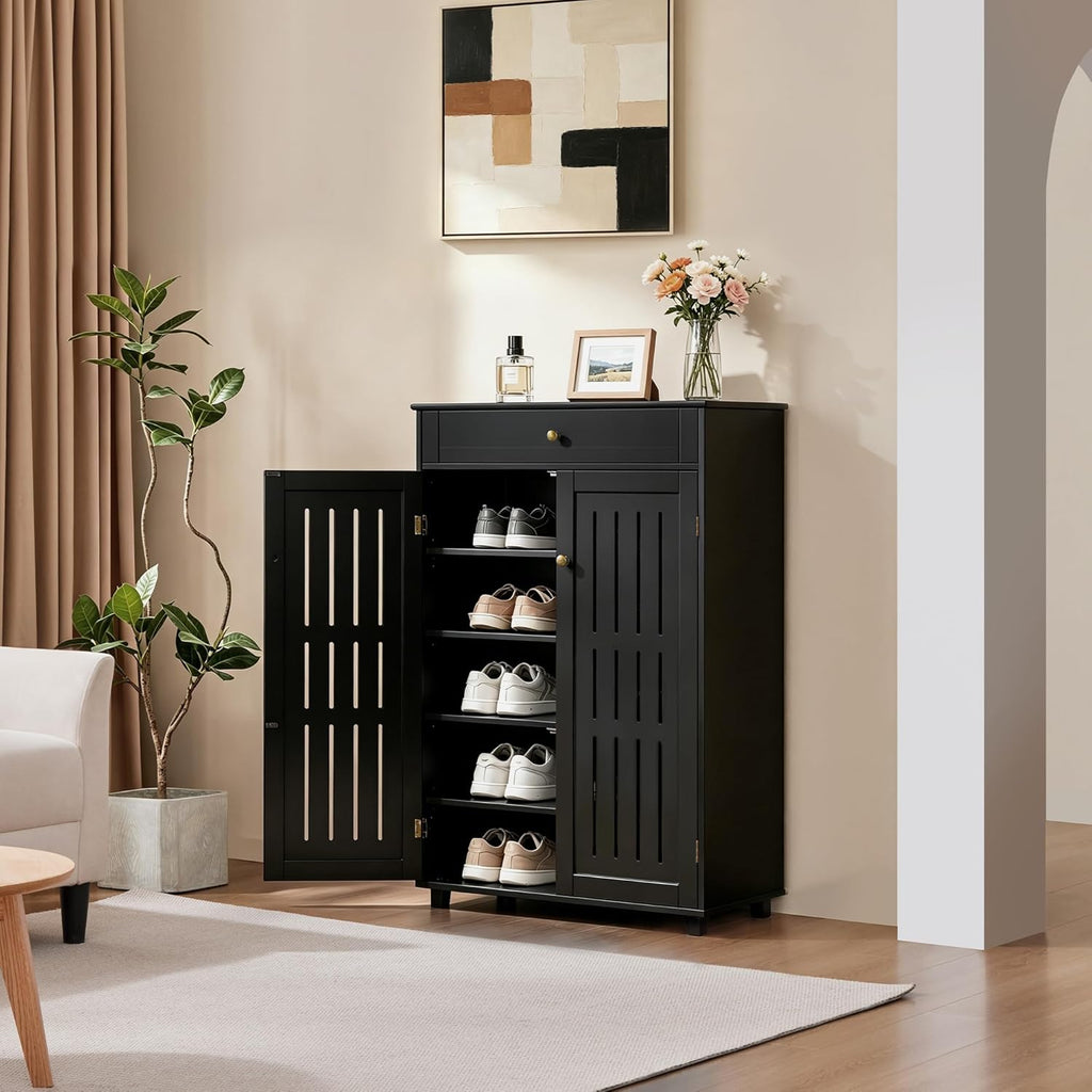 Yaheetech Shoe Cabinet, 5-Tier Shoe Rack Organizer with 1 Drawer, Freestanding Wooden Shoe Storage Cabinet with 2 Louvered Door & Adjustable Shelves for Entryway Hallway, Black