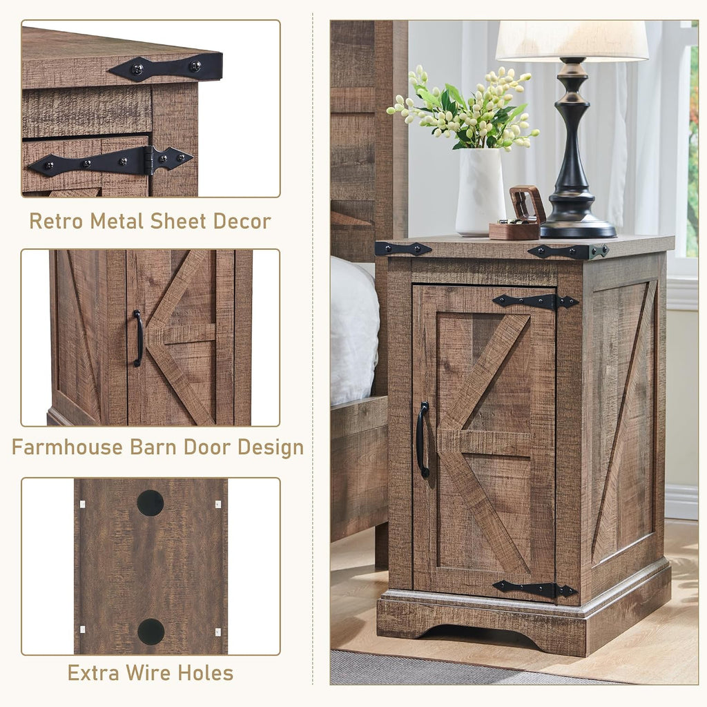 JXQTLINGMU Farmhouse Nightstand Set of 2 with Charging Station, 17'D Rectangular End Table with Barn Door & Adjustable Storage Shelf, Wood Rustic Sofa Side Table for Living Room, Bedroom, Light Brown
